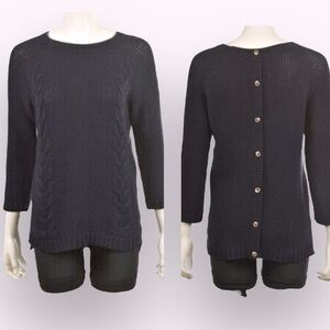 🇪🇸🐠Cynthia Rowley Sweater chunky cable knit textured Navy Blue Crewneck Cotton
